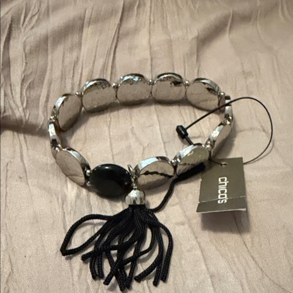 Chico's Metallic and Black Bracelet with Tassel